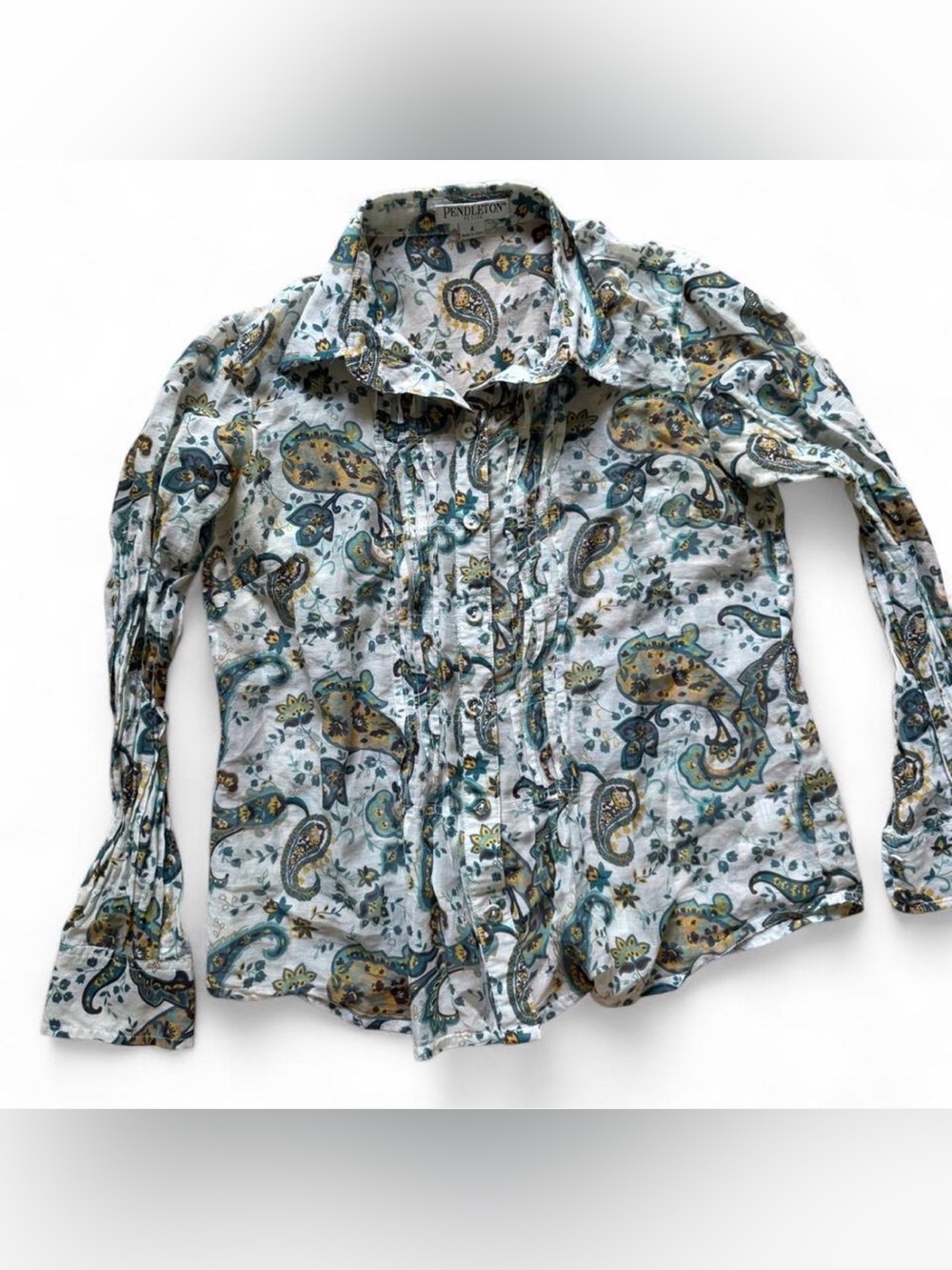 Pendleton White Paisley Button-Down Shirt with Teal & Brown Accents Size 4P